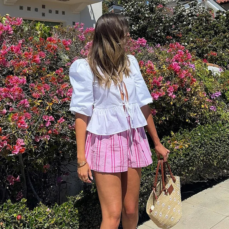 Panelled Striped Shorts Sets For Women 2piece Lace Up Shirts Set High Waist Wide Leg Short Pant 2024 Summer Fashion Lady Outfits