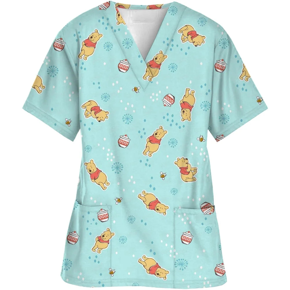 Summer  Disney Winnie the Pooh Medical Nurse Uniform Jogger Hospital Uniforms Scrubs New Spa Uniforms Women V-neck Fashion Top