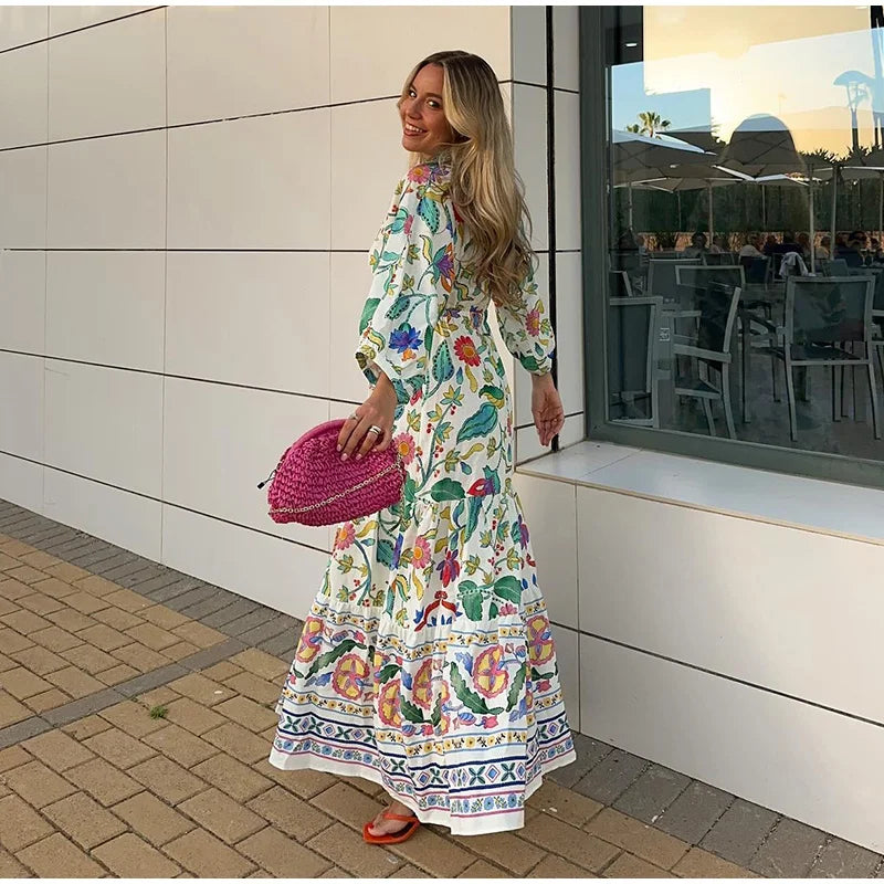 Flower Printed Hollow Out Women's Maxi Dresses Elegant V Neck Long Sleeves Lady Dress 2024 New Summer Vacation Beach Party Robes