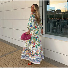 Load image into Gallery viewer, Flower Printed Hollow Out Women&#39;s Maxi Dresses Elegant V Neck Long Sleeves Lady Dress 2024 New Summer Vacation Beach Party Robes