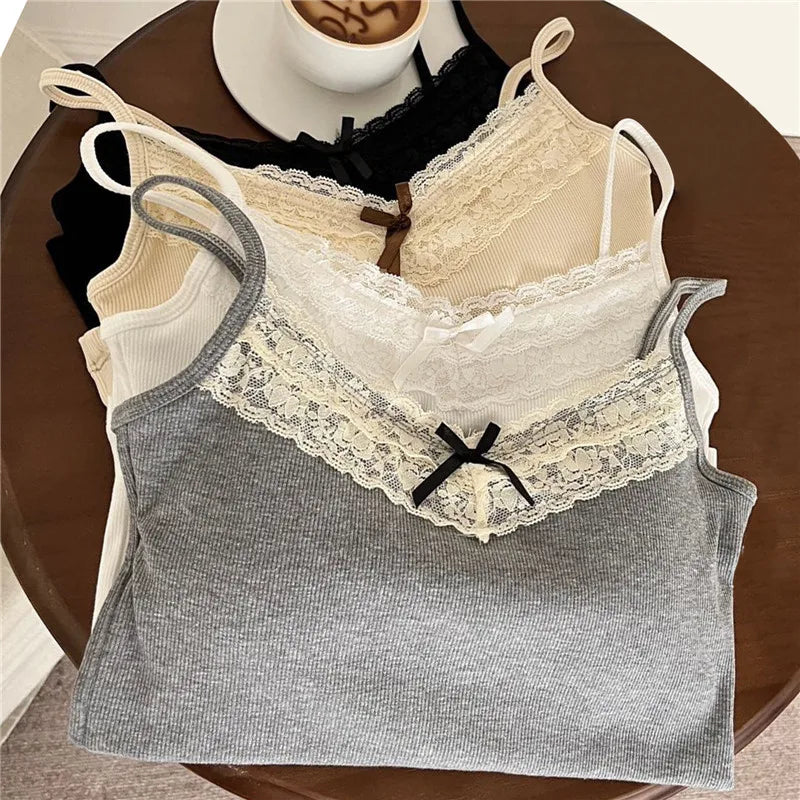 New Knitted Crop Top For Women Solid Color Lace Sling Tops Knitwear Tank Top Female Sexy Slim Camisole Sweet Short Beau Back Top