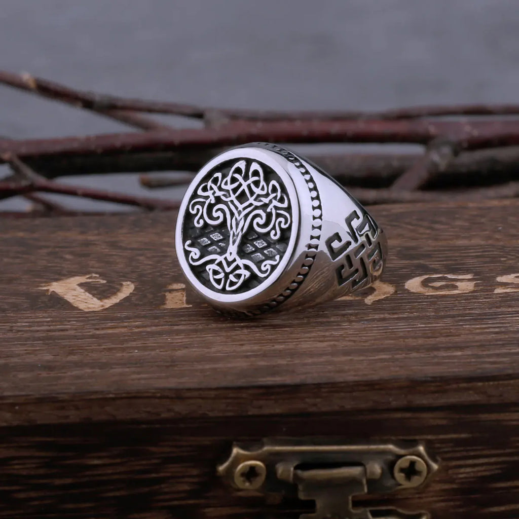 Viking Tree of Life Yggdrasils Stainless Steel Ring Norse Mythology Men's Fashion Amulet Ring with Valknut