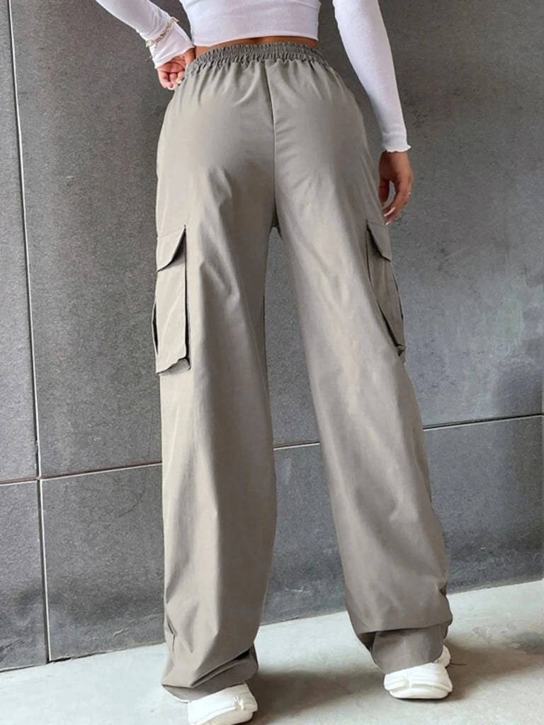 Women's Wide Leg Cargo Pants with Solid Flap Pockets and Loose Fit