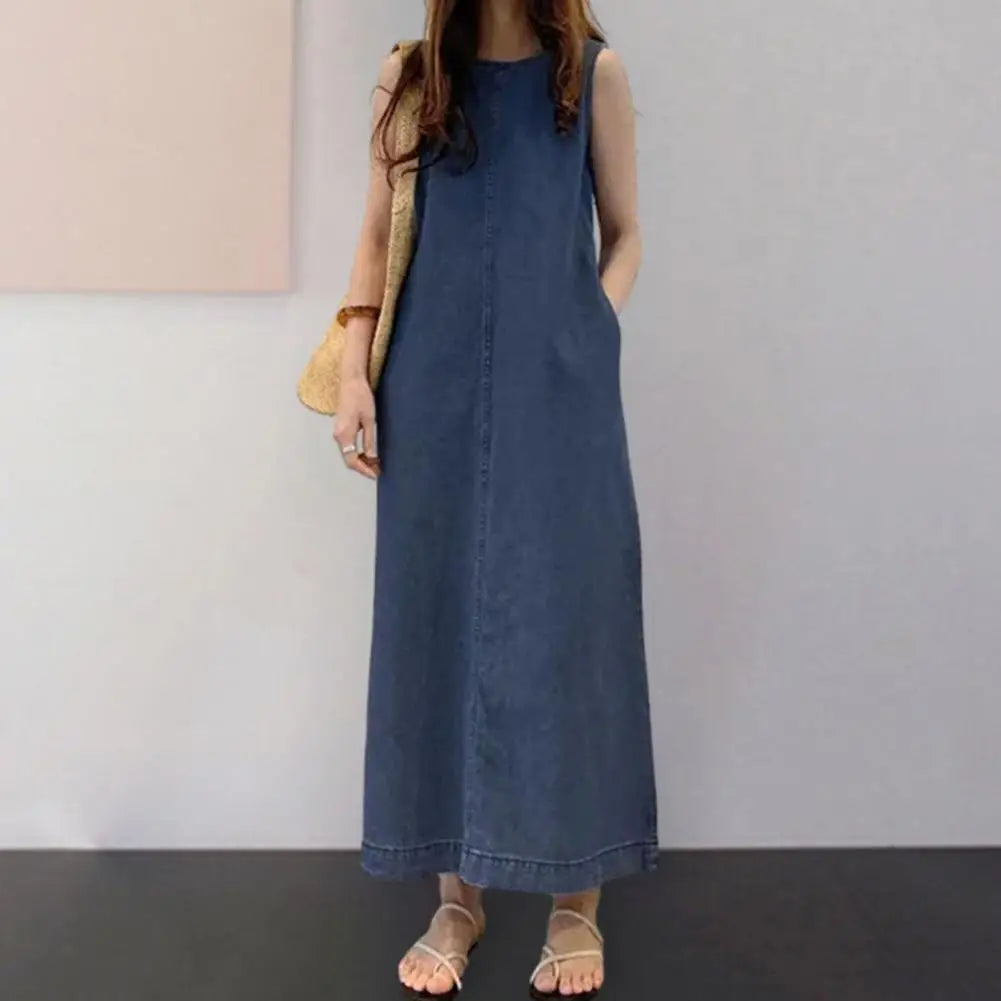 Femme Fashion Casual Loose Long Maxi Sundress Pleated Denim Vestido Sleeveless Robe Women Summer A Line Dress Overszie