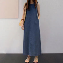 Load image into Gallery viewer, Femme Fashion Casual Loose Long Maxi Sundress Pleated Denim Vestido Sleeveless Robe Women Summer A Line Dress Overszie