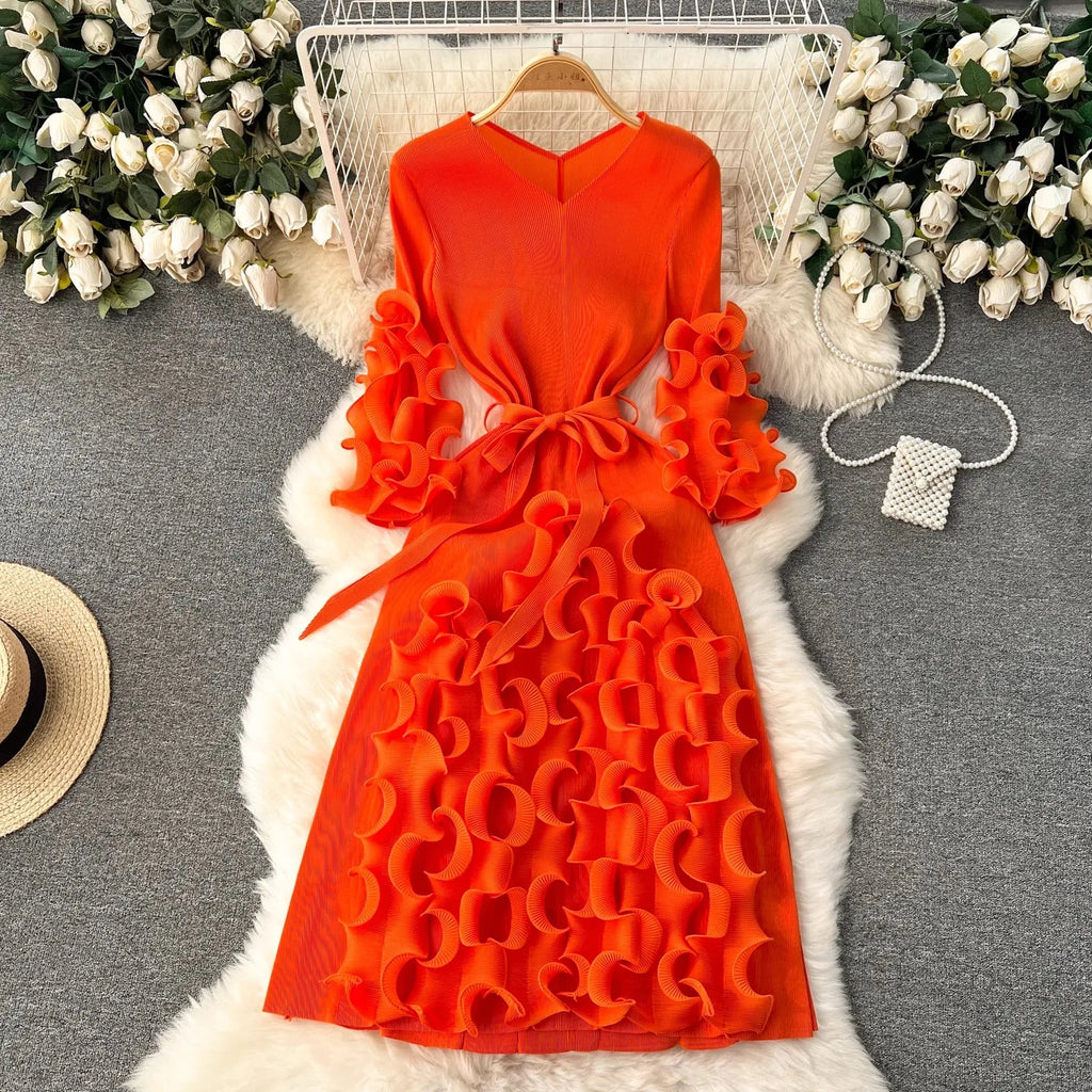 Summer Holiday 3D Ruffled Edge Draped Pleated Dress Women's V Neck Solid Color Oversized High Sretch Lace Up Party Vestidos