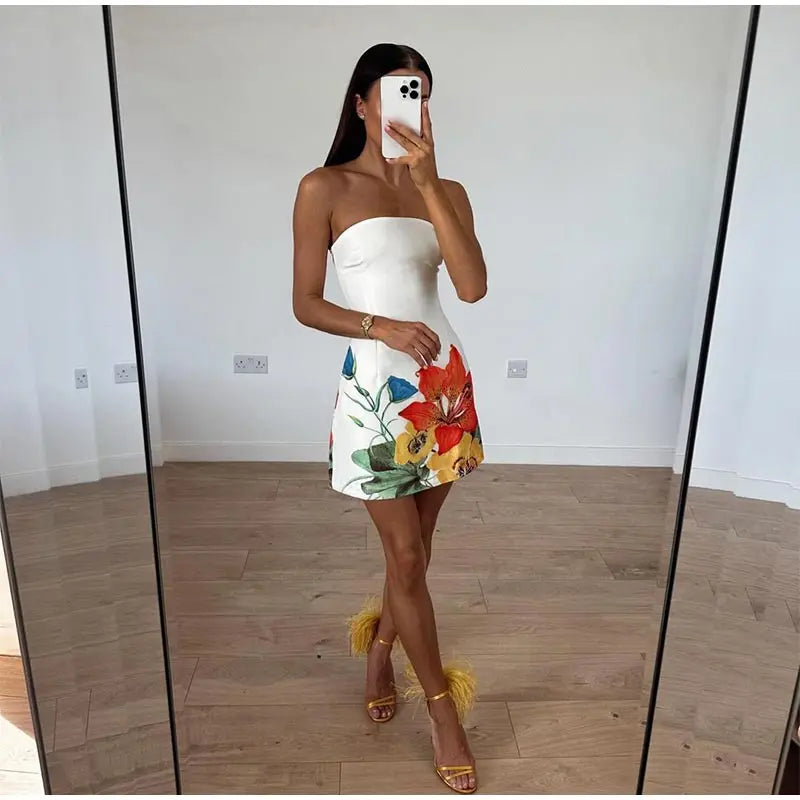 Women Print Off Shoulder Backless Mini Dress Elegant Strapless Sleeveless High Waist Vestidos Chic Female Night Club Party Robes