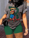 LW Cartoon Bear Letter Print Shorts Set T-shirt And Short Two-Pieces Suit Summer Causal Fashion Matching For Women