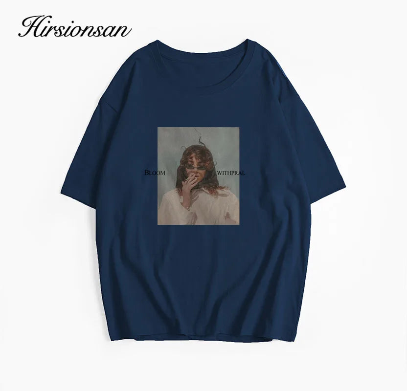 Hirsionsan Chic Graphic Printed T Shirt Women Summer Cotton Soft Short Sleeve Tees Female Oversized Higt Street Gothic Tops