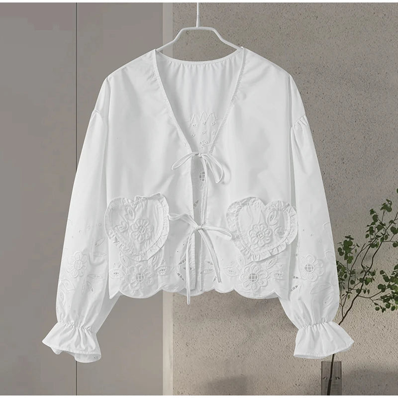 Solid Lace Up Hollow Out Women's Shirt Casual Lantern Long Sleeve V-neck Female Blouses 2024 Spring New Fashion Tops Streetwear