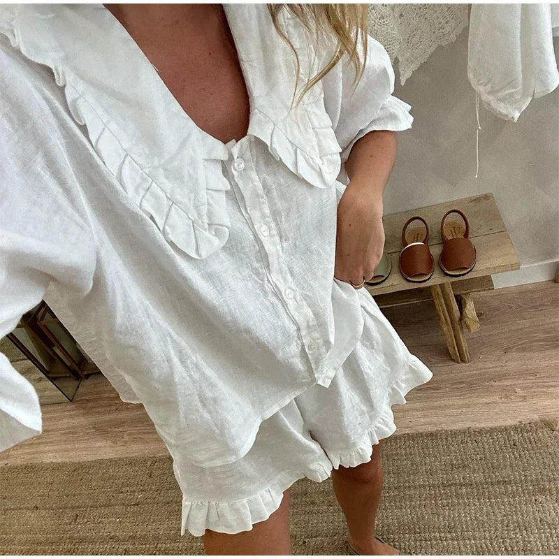 Casual Ruffle Doll Collar Shirts Shorts Set Women Puff Short Sleeve Single Breasted Blouses Suit 2024 Summer Loose Lady Suits