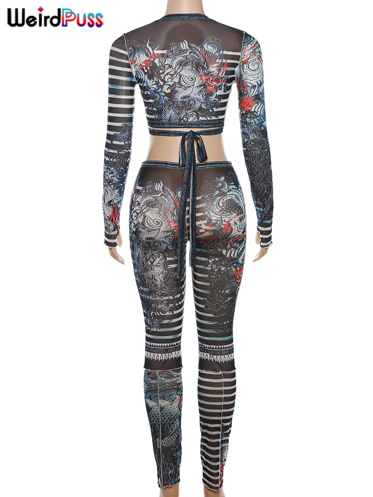 Weird Puss Sexy See Through Women 2 Piece Set Dragon Print Midnight Knot Low-Neck Crop Tops+Leggings Clubwear Matching Outfits