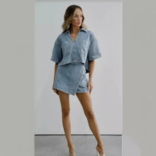 Load image into Gallery viewer, 2024 Summer Women Blue Denim Skirt Suit Loose 2 Piece Set Short Sleeve with Pocket Shirt and Irregular Skirt Female Street Out