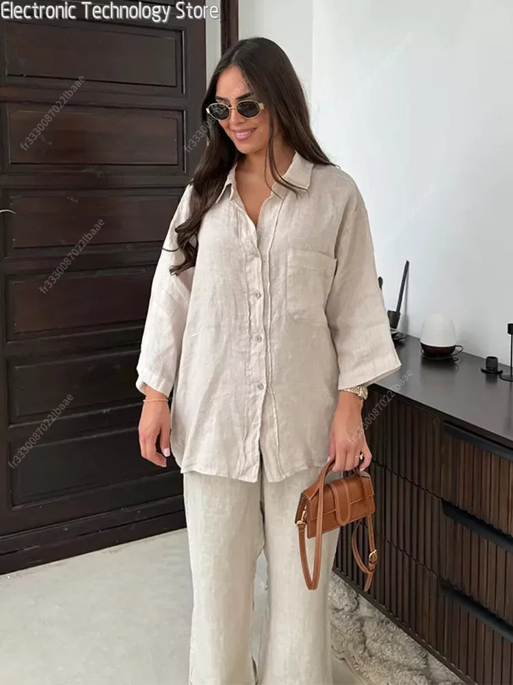 Women Vintage Solid Loose Pants Suit Lapel Single Breasted Long Sleeve Shirt Wide Leg Pants 2 Pcs Set 2024 New Ladies Streetwear