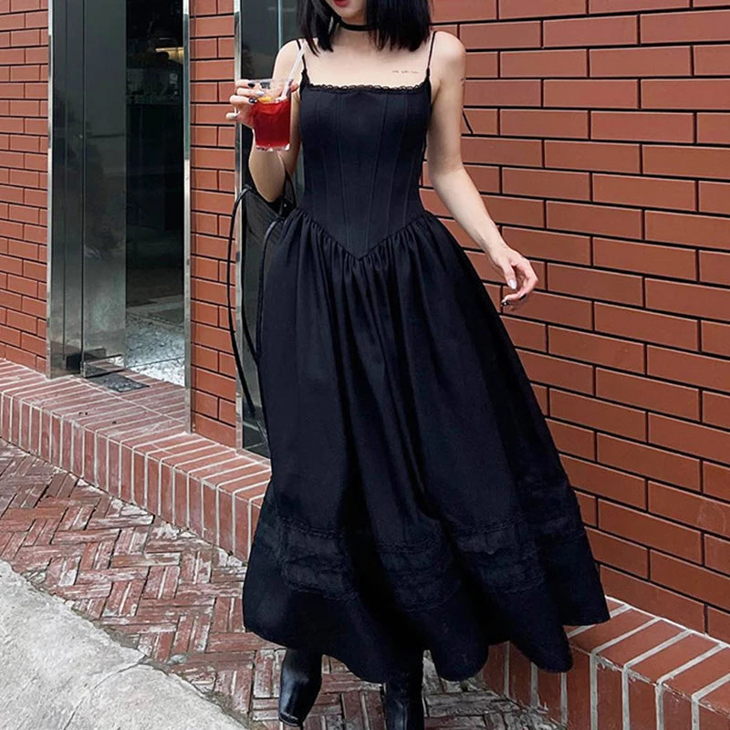 Black Lace Pleated Dress Trim A-Line Spaghetti Strap Backless Vintage Punk Long Dress Women Night Prom Korean Gothic Sundress