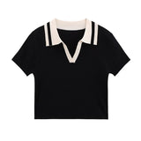 Women Turndown Collar Short-Sleeved Tee Knitted T Shirt Casual Fashion Women's Crop Top Contrast Color Female Tops