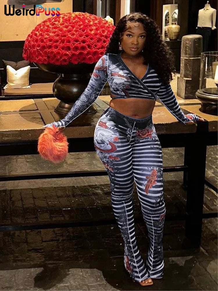 Weird Puss Sexy See Through Women 2 Piece Set Dragon Print Midnight Knot Low-Neck Crop Tops+Leggings Clubwear Matching Outfits