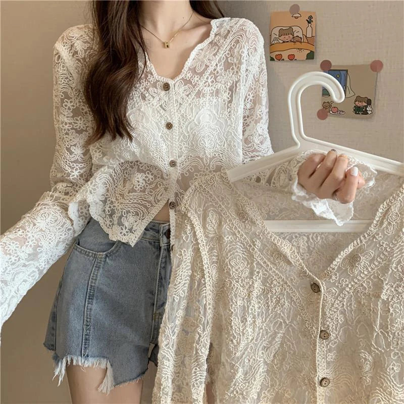 MEXZT Vintage Lace Blouse Women Sheer Long Sleeve Sunscreen Shirt Cardigan Vacation Korean Elegant Casual Sun Protection Top