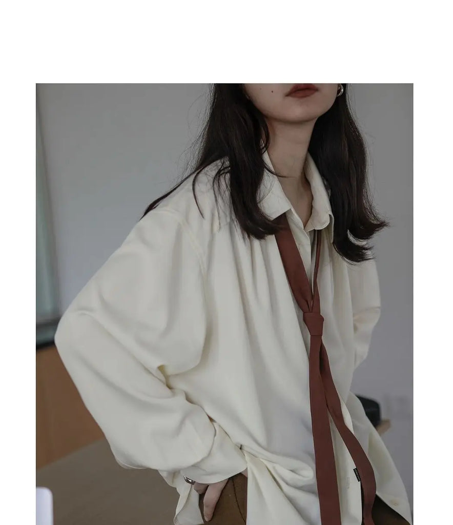 2022 Summer Korean Style Long Sleeve Solid Shirt Women Office Lady top with ties Button Up Oversize Blouse Female Work Clothing