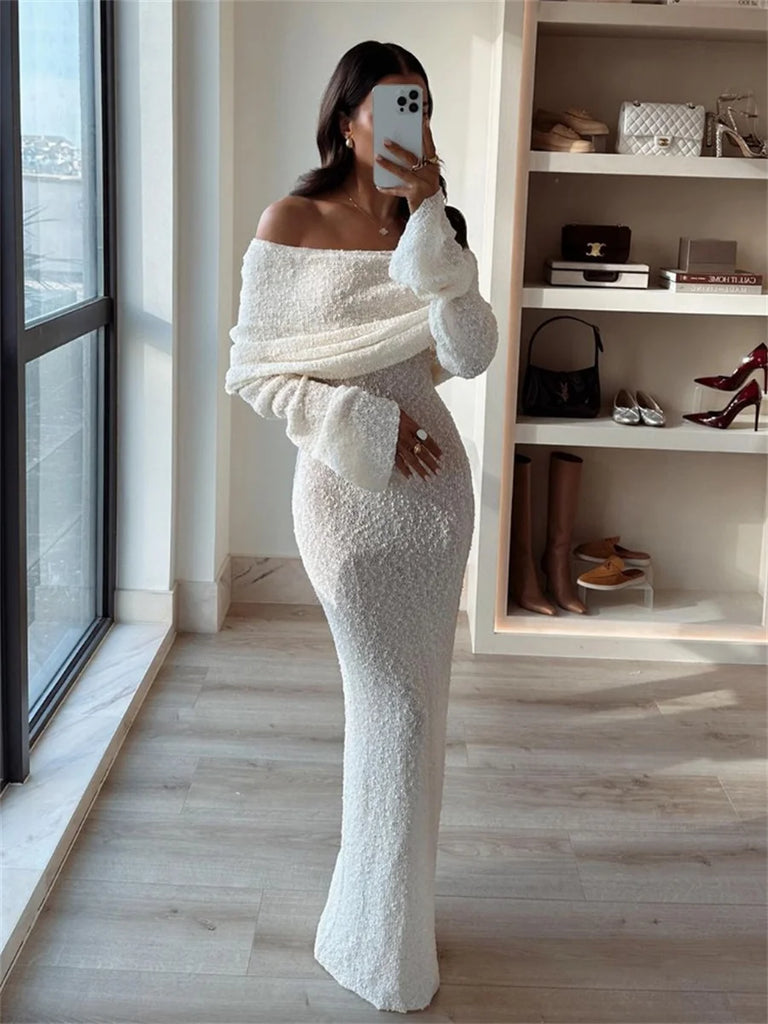 Sexy Knit Long Dress Elegant Women White Off Shoulder Bodycon Hollow Out Crochet Sundress Wedding Guest Dresses Beach Outfits