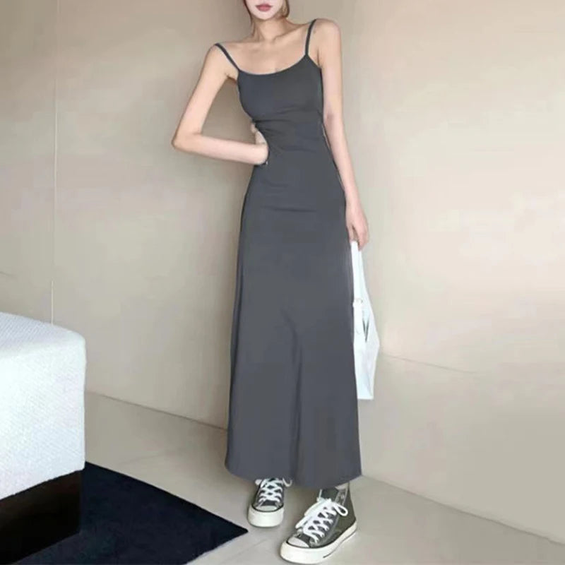 Spaghetti Strap Dresses Women Retro Sexy Slim Simple Daily Streetwear Ulzzang Midi Trendy Pure Vestidos Summer Ladies Sleeveless