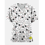 Women's Clothing Snoopy cartoon print V-neck Women's Working Clothes Tops Short Sleeve With Pockets Medical Nurse Uniform ﻿