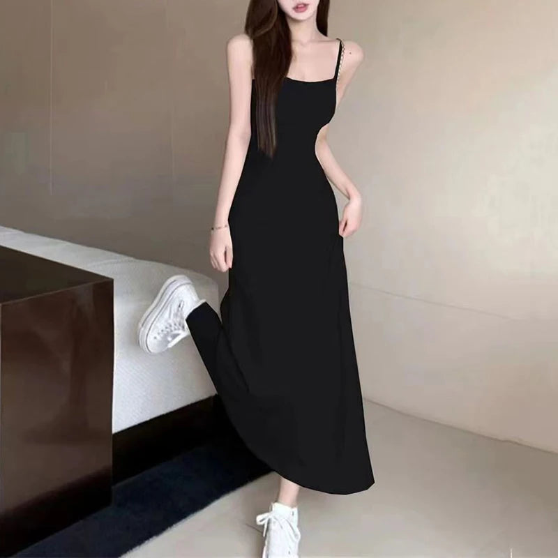 Spaghetti Strap Dresses Women Retro Sexy Slim Simple Daily Streetwear Ulzzang Midi Trendy Pure Vestidos Summer Ladies Sleeveless