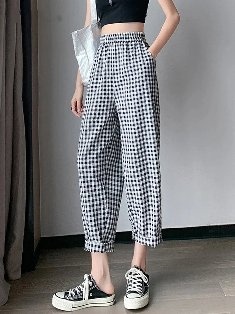 New Women's Checkered Cotton Hemp High Waist Casual Haren Pants Summer Korean Fashion Loose Women Seven Split Wide Leg Pants