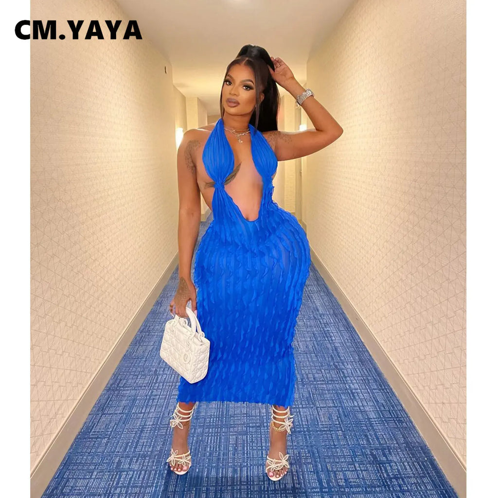 CM.YAYA Women Halter Deep V-neck Backless Sleeveless Wave Bodycon Midi Maxi Dress 2023 Summer Street Sexy Party Vestidos Dresses