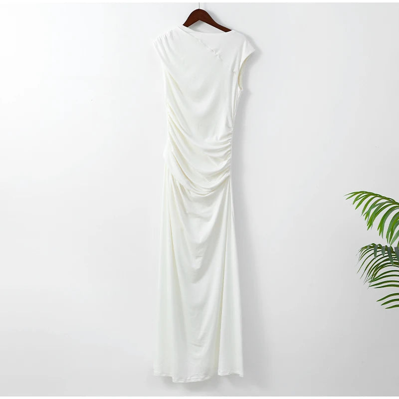 Elegant White Pleated Irregular Women Dress Fashion O Neck Sleeveless Bodycon Dresses 2024 Chic Summer Female High Street Robes