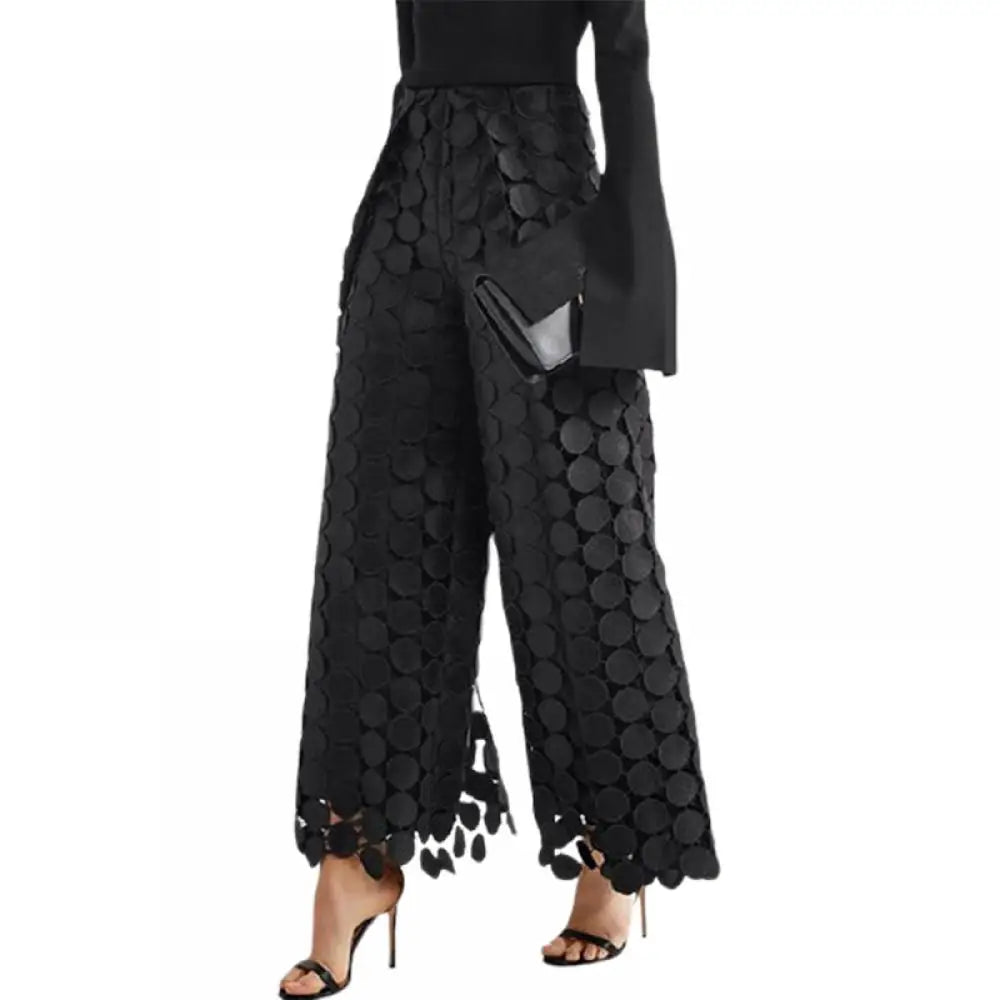 Yeezzi Women Fashion Hollow Polka Dot High Waisted Wide Leg Pants 2024 New Spring Autumn Solid Color Causal Office Trousers