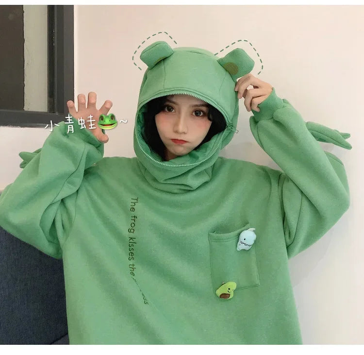 S-3XL Frog Zipper Hoodie Fleece Lined Springtime Embroidery oversized Sweatshirt Harajuku Warm Pullover Korean Style Dropship