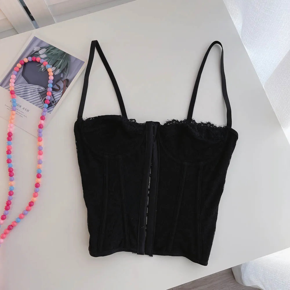 Sexy Embroidery Lace Women Camis Tops Women Corset Bralette Cami Front Buttons Crop Cute Vest Elegant French Chic Party Clubwear