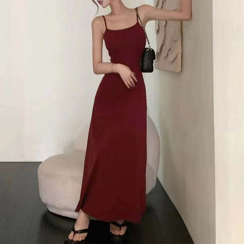 Spaghetti Strap Dresses Women Retro Sexy Slim Simple Daily Streetwear Ulzzang Midi Trendy Pure Vestidos Summer Ladies Sleeveless