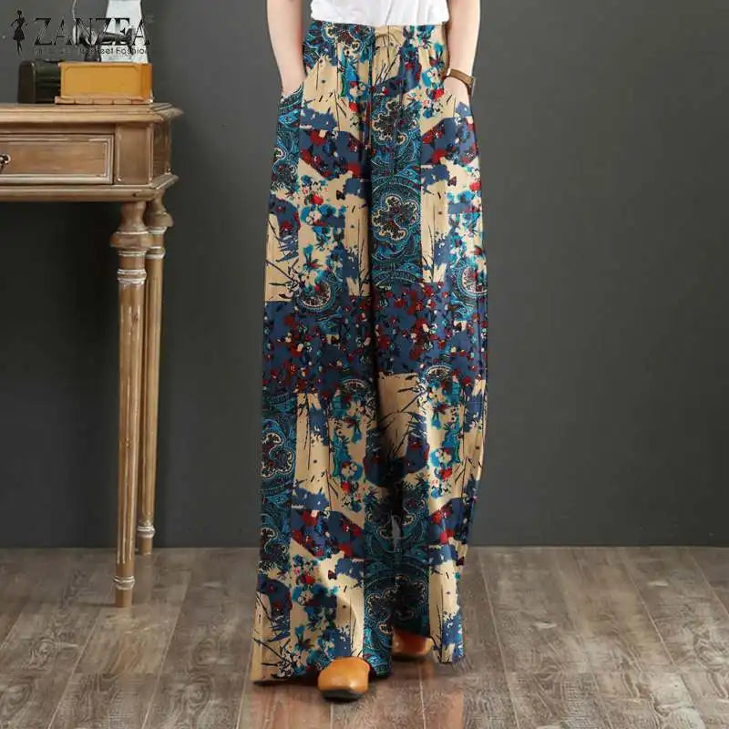 Bohemian Vintage Long Pants ZANZEA Women Wide Leg Trousers Summer High Waist Printed Pantalon Female Elegant Work Palazzo Capris