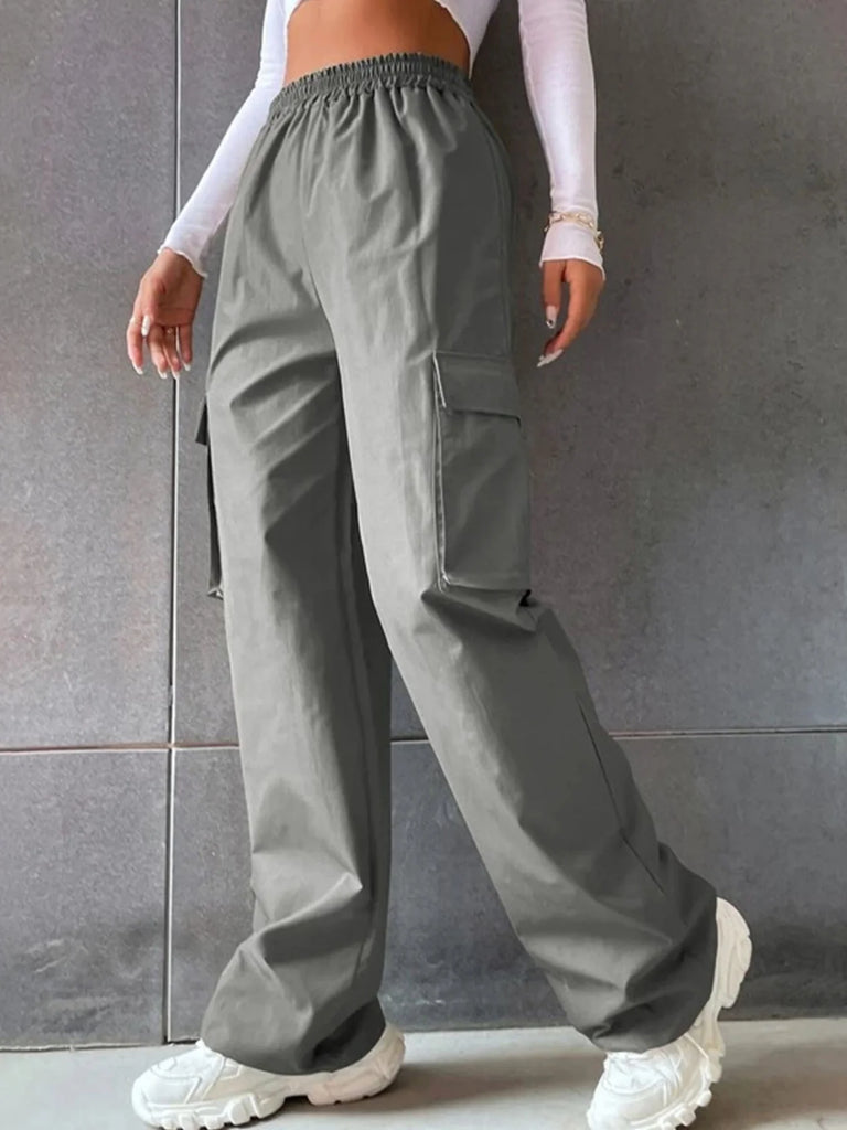 Women's Wide Leg Cargo Pants with Solid Flap Pockets and Loose Fit