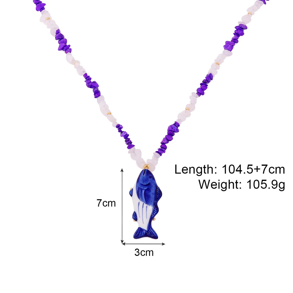 2024 New Irregular Stone Beads Chains Long Necklaces Statement Metal Enamel Fish-shaped Pendant Necklace for Women Jewelry Gifts