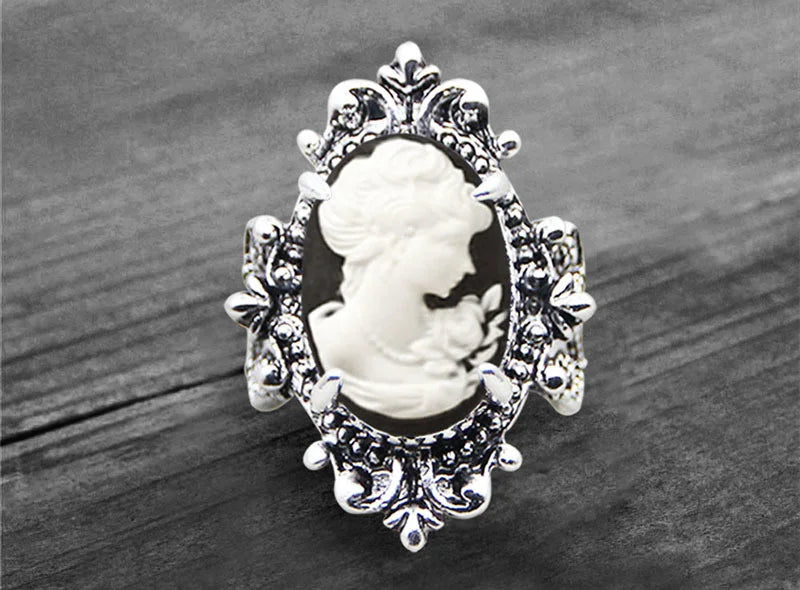 Vintage Leaf Lady Queen Cameo Rings For Women Antique Silver Plated Flower Cross Pink Cameo Ring Fashion Jewelry