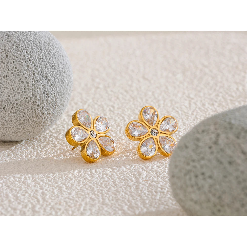 Yhpup AAA Bling Cubic Zirconia Flower Golden Stud Earrings for Women 316L Stainless Steel Fashion Shiny Jewelry Waterproof