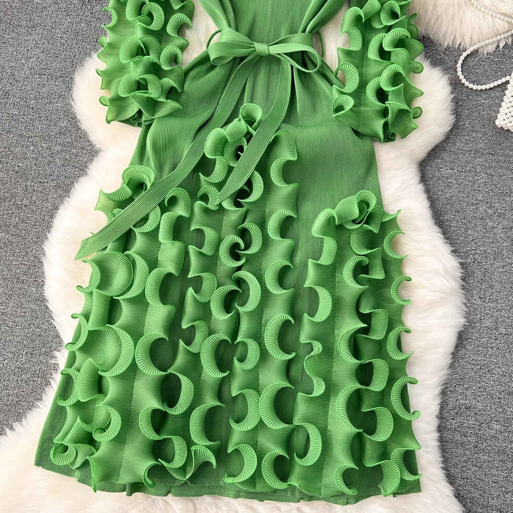 Summer Holiday 3D Ruffled Edge Draped Pleated Dress Women's V Neck Solid Color Oversized High Sretch Lace Up Party Vestidos