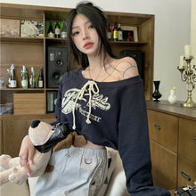 Load image into Gallery viewer, GIDYQ Korean Letter Print Short Sweatshirts Women Y2k Off Shoulder Long Sleeve Sweater Harajuku Slim Lace Up Vintage Student Top