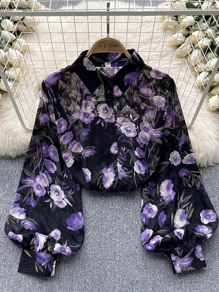 Spring Autumn Temperament Fashion Retro Chiffon Floral Blouses Print Loose Lapel Puff Sleeve Top Button Up Shirt Female GD611