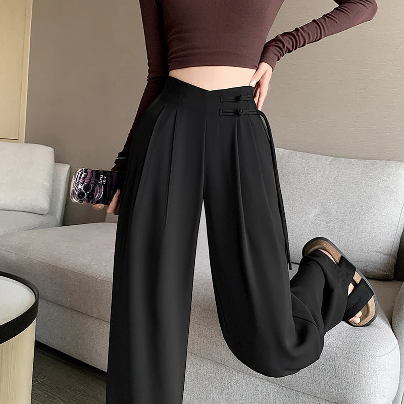 High Waist Buttons Suit Wide Leg Women's Full Pants 2024 New Spring Summer Female Elegant Minimalism Straight Loose Trousers