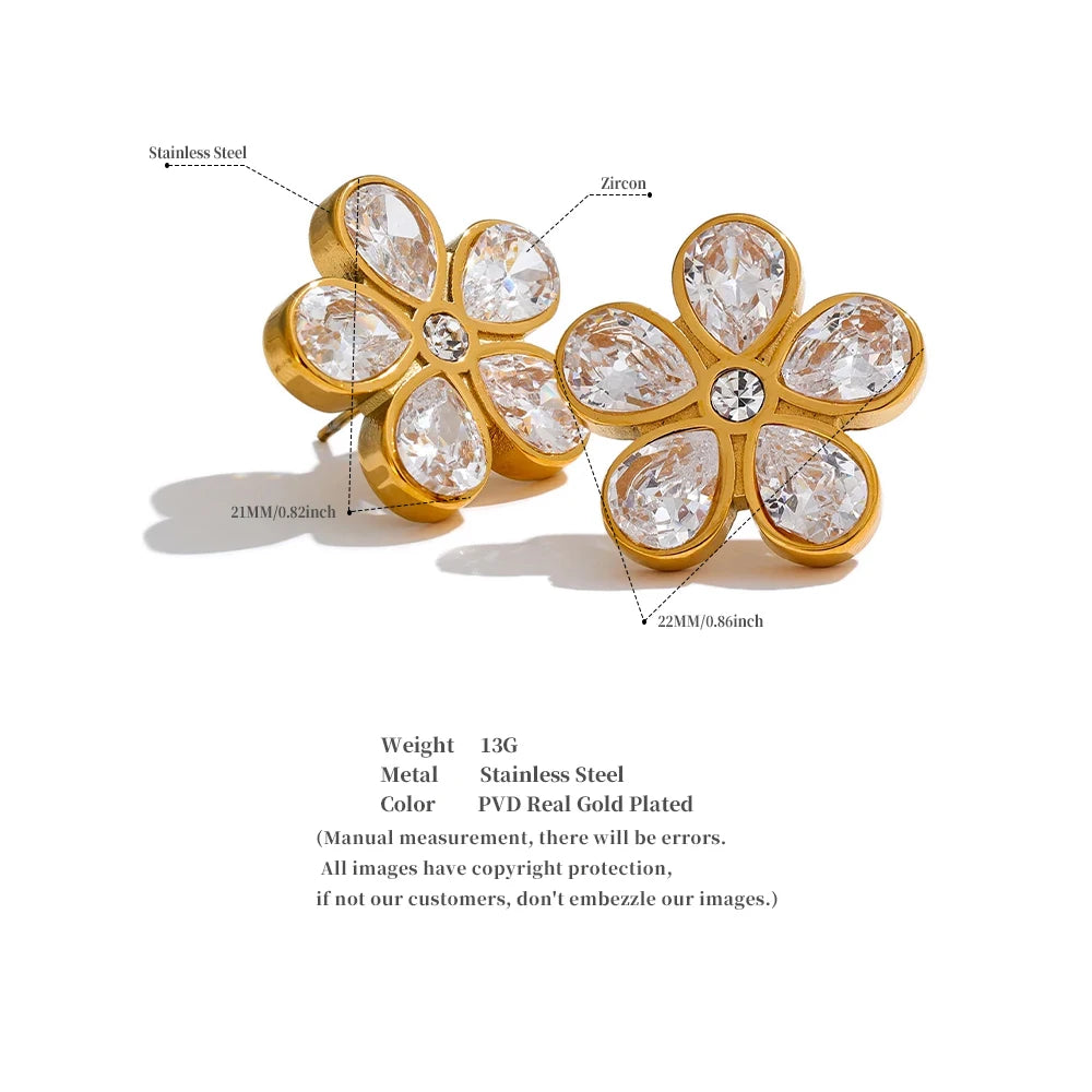 Yhpup AAA Bling Cubic Zirconia Flower Golden Stud Earrings for Women 316L Stainless Steel Fashion Shiny Jewelry Waterproof