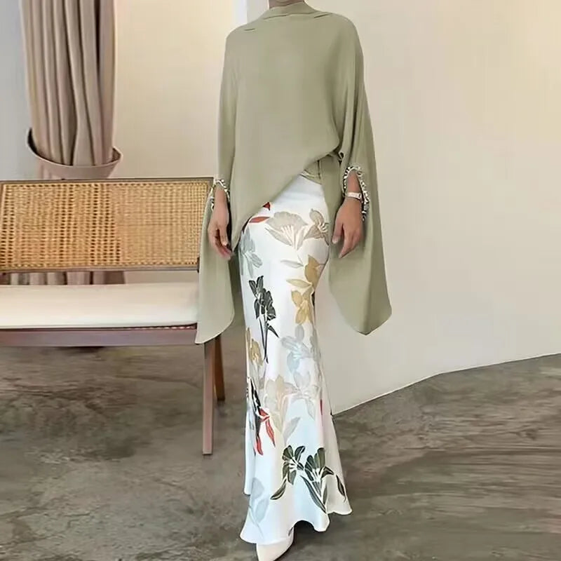 High Fashion Commuting Satin Set Elegant Batwing Sleeve Tops Blouse & Slim Long Skirt Outfits Women Casual Loose Two Piece Suits