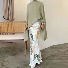 Load image into Gallery viewer, High Fashion Commuting Satin Set Elegant Batwing Sleeve Tops Blouse &amp; Slim Long Skirt Outfits Women Casual Loose Two Piece Suits