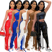 Load image into Gallery viewer, Y2K PU Faux Leather Two Piece Outfits for Women Party Club Matching Sets Ribbons Crop Top and Pants 2 Piece Sets Women Outfits