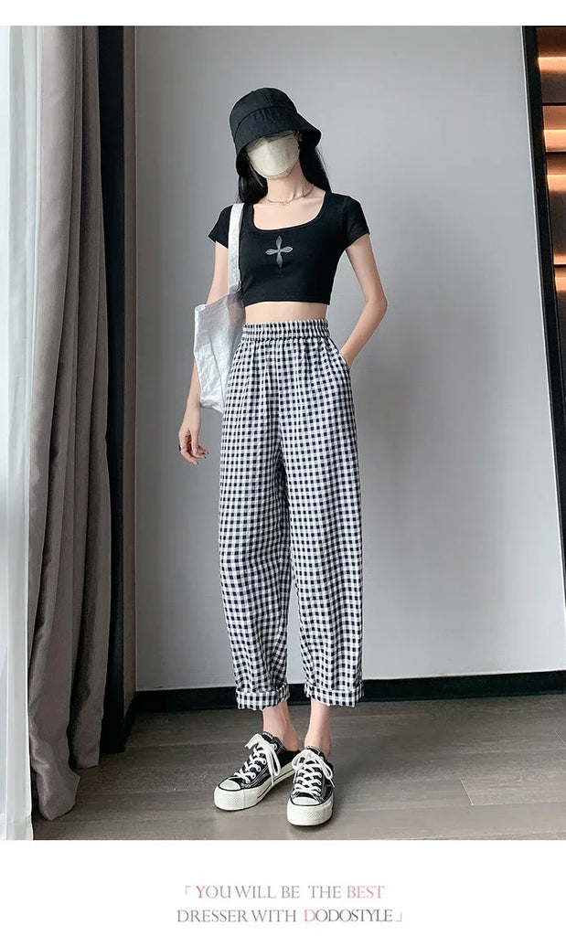 New Women's Checkered Cotton Hemp High Waist Casual Haren Pants Summer Korean Fashion Loose Women Seven Split Wide Leg Pants