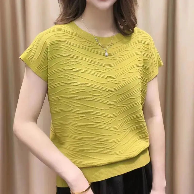 Women's Clothing Summer Fashion Elegant Solid 3D Wave Ice Silk Knitted T-shirts Simple Casual Short Sleeve Loose Pullover Tops