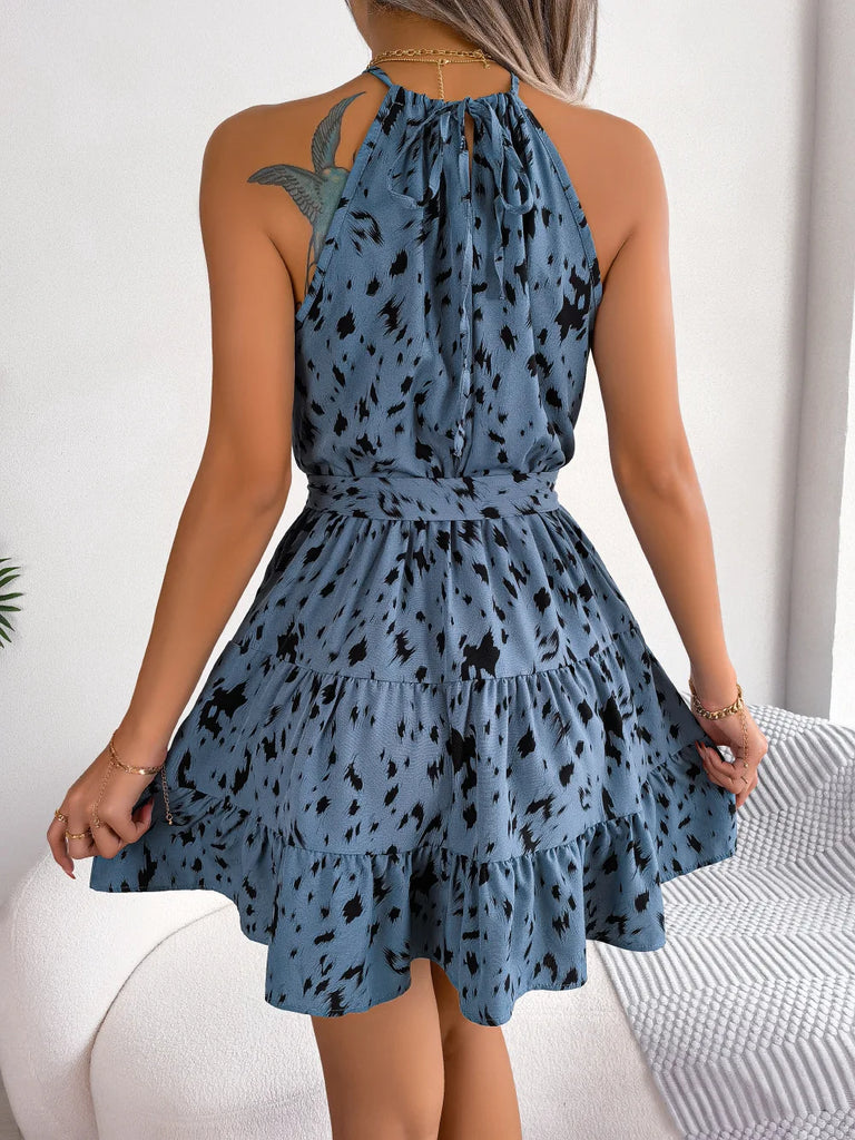 Leopard Print Ruffled Hanging Neck Fashion Dress Women Spring Summer Sexy Halter Mini Dress